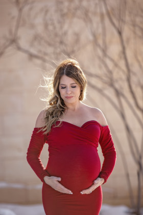Midland Maternity Photographer red gown snow
